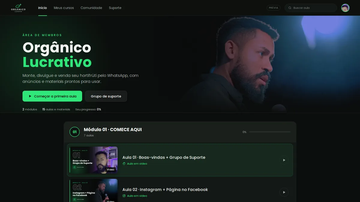 Área de membros do Orgânico Lucrativo